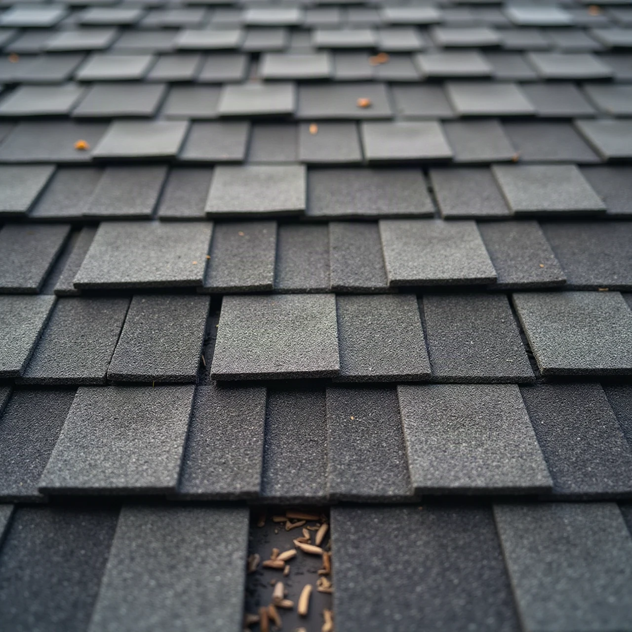 Close photograph of storm-damaged asphalt shingles on a house roof, a few lifted and missing shingles, ready for repair