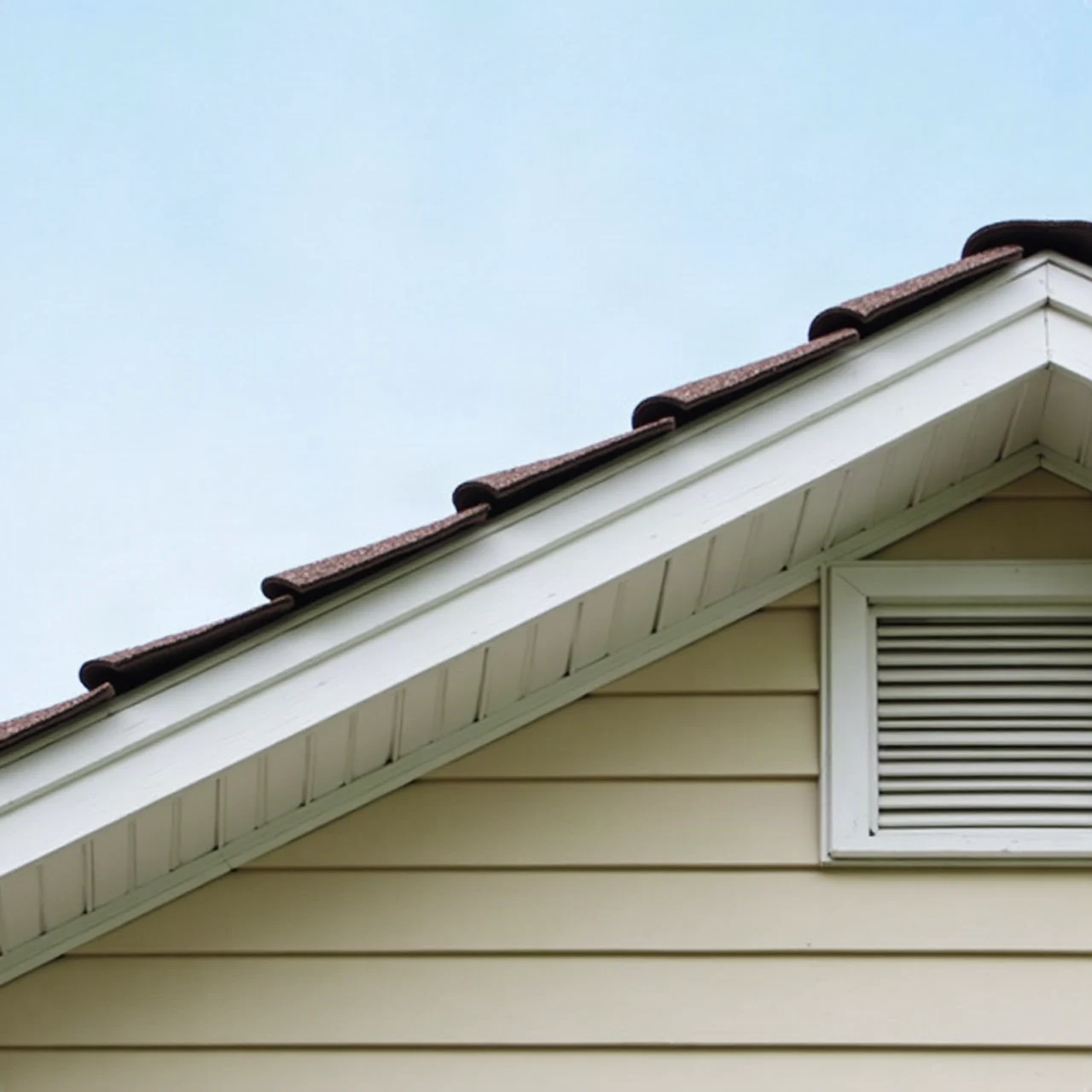 Close photograph of a residential roof ridge line with ridge cap shingles and a ridge vent against a soft blue sky